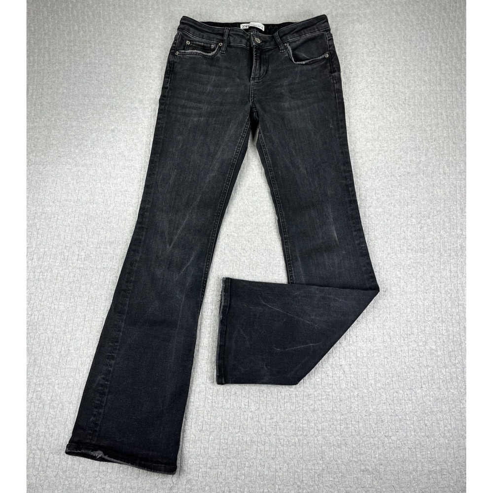 Zara Bootcut Flare Jeans Womens 6/29x32 Black Distressed Faded Denim Pants